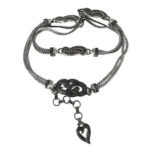 BRIGHTON Silver Tone Braided Metal Chain Belt With Heart Swirl Paisley Detail